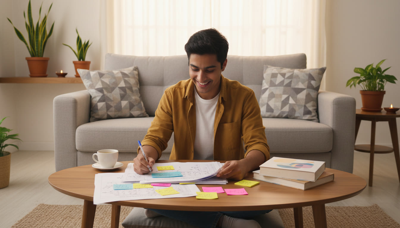 Photo Idea : Student reviewing a printed mock answer sheet with colored sticky notes and a pen