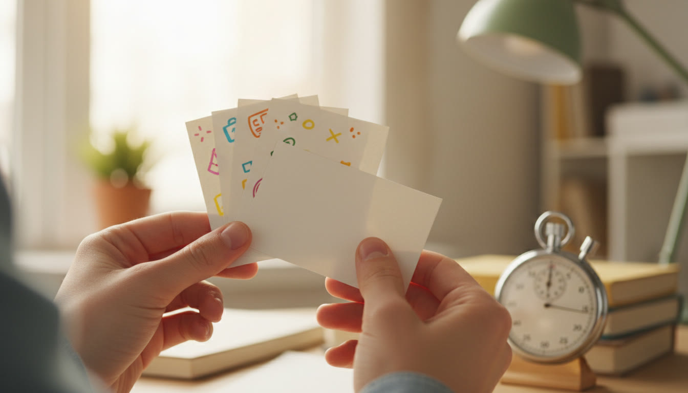 Photo Idea : Close-up of hands holding flashcards while a stopwatch ticks in the background