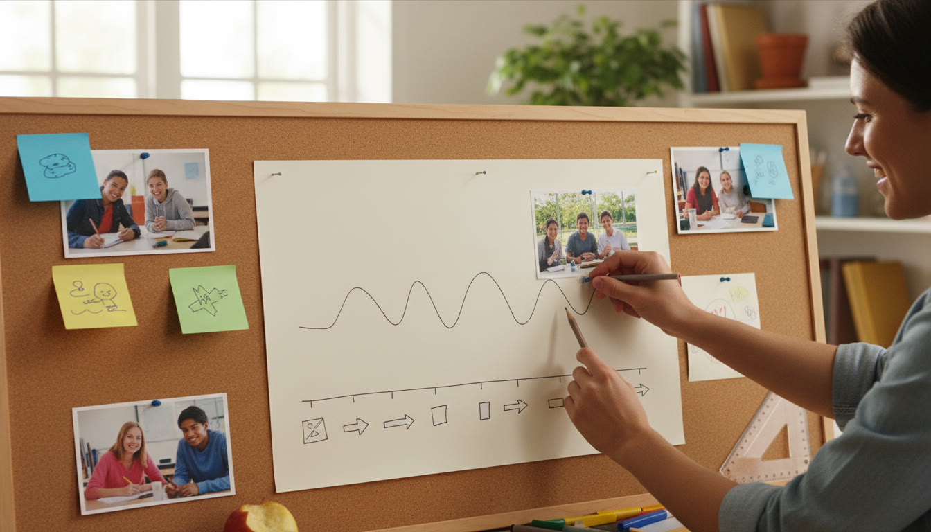 Photo Idea : Close-up of hands sketching a timeline and pinning photos and notes to a corkboard as part of portfolio assembly.