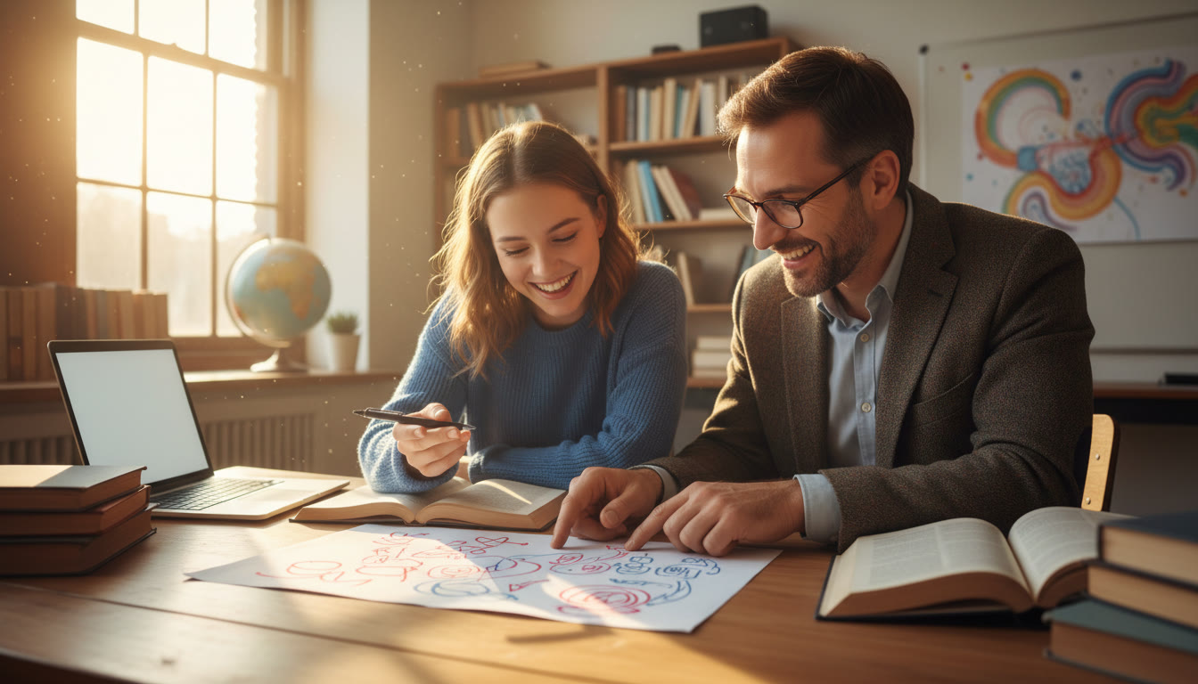 Photo Idea : Student and teacher leaning over an annotated essay draft in a sunlit classroom