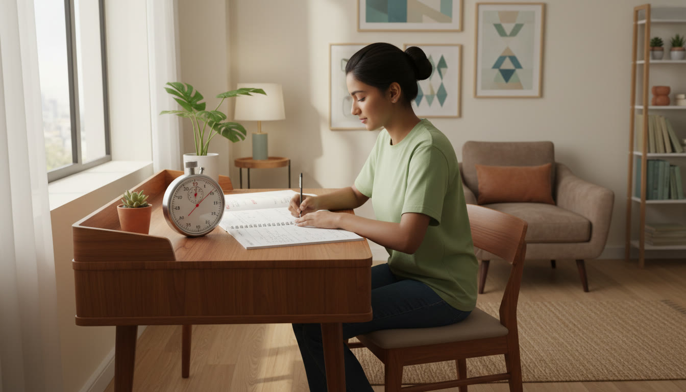 Photo Idea : A student taking a timed mock test at a desk with a stopwatch and answer sheet
