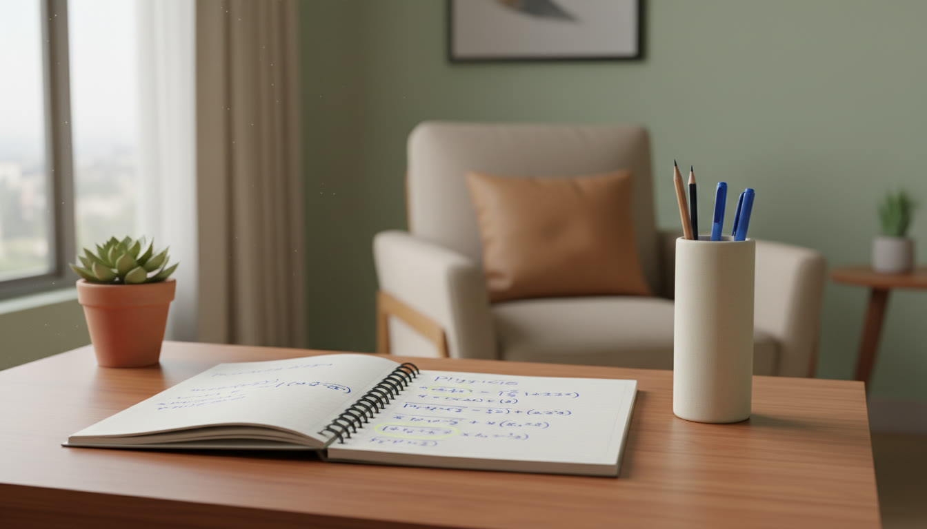 Photo Idea : A neat desktop with a notepad showing a solved physics problem with key steps highlighted