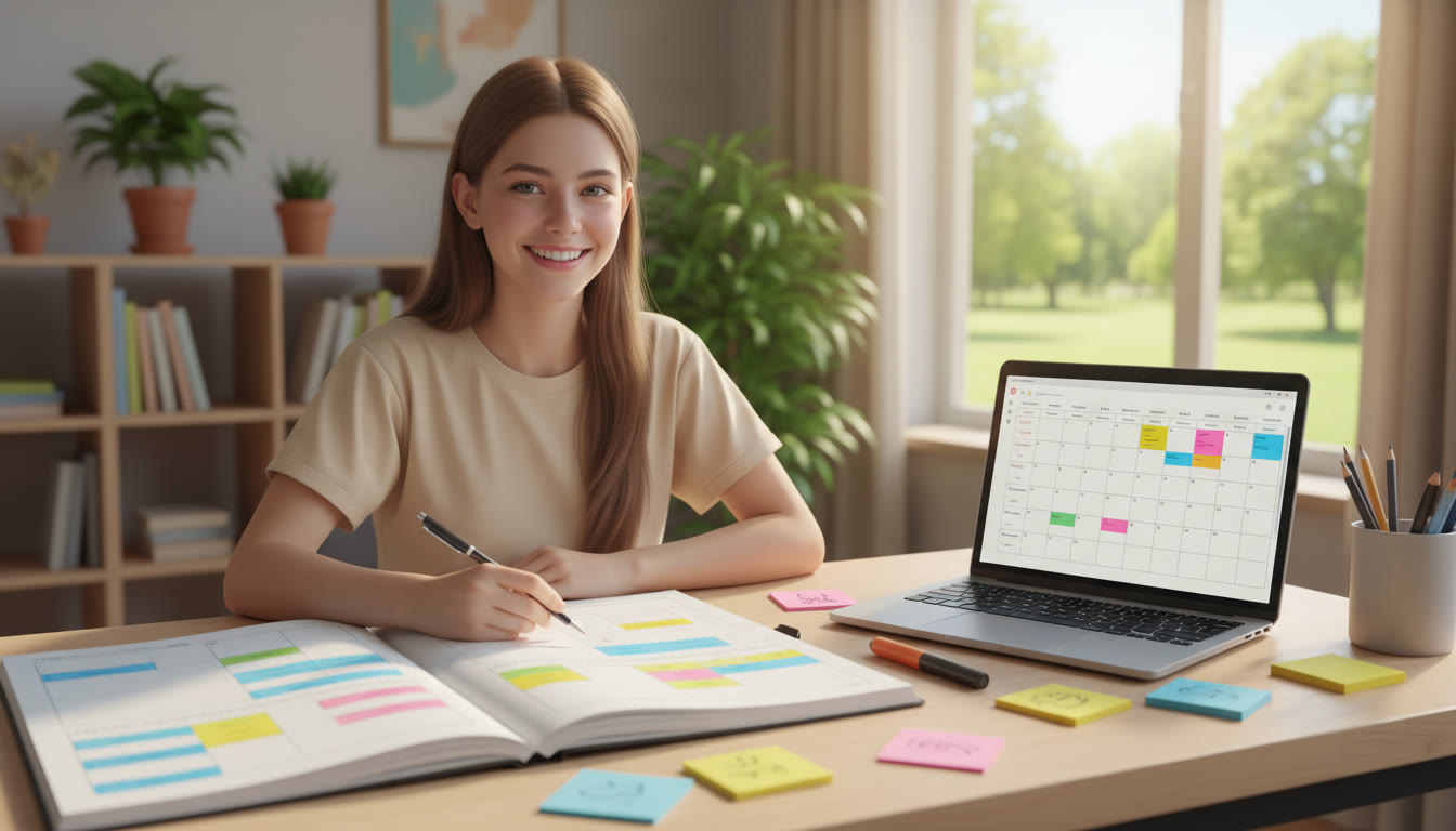 Photo Idea : Student at a desk with a colorful time-block planner, sticky notes and a laptop showing a calendar