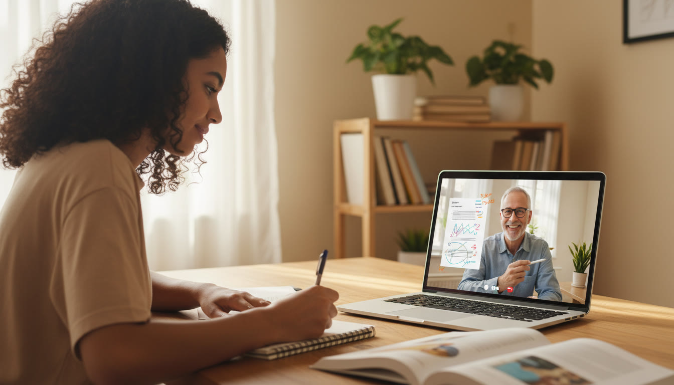 Photo Idea : Tutor visible on a laptop screen pointing to an annotated IA draft while a student takes notes