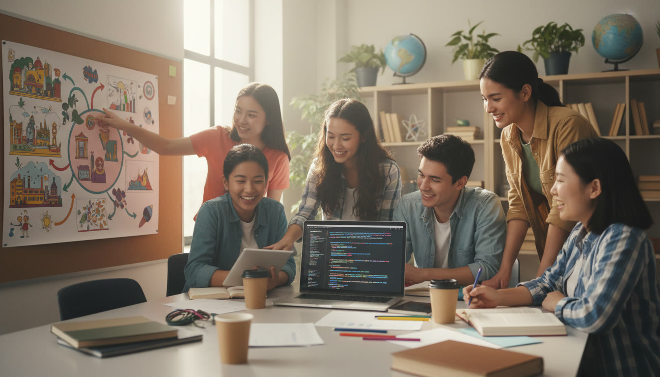 Photo Idea : Diverse group of students collaborating on a project with a laptop showing code and a poster with a historical timeline