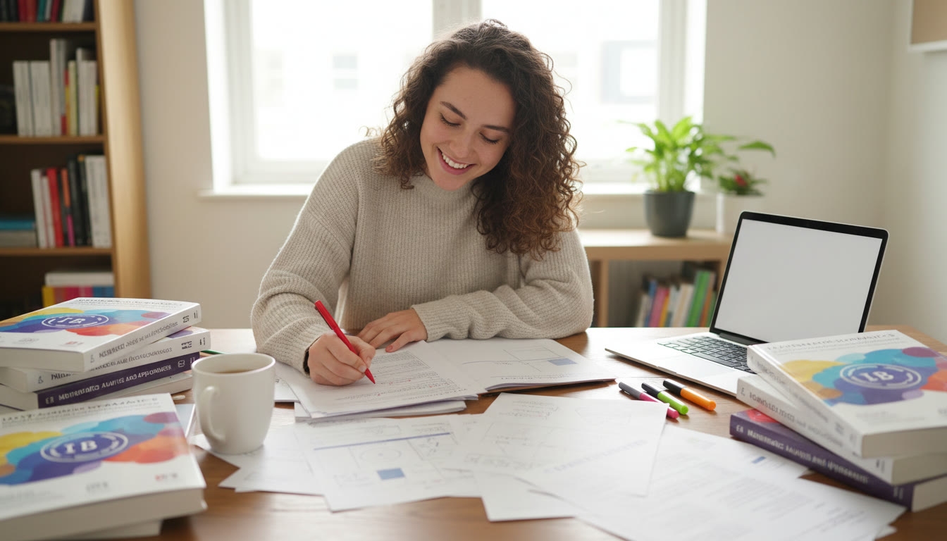 Photo Idea : Student at a desk surrounded by IB textbooks and printed draft pages, editing with a red pen