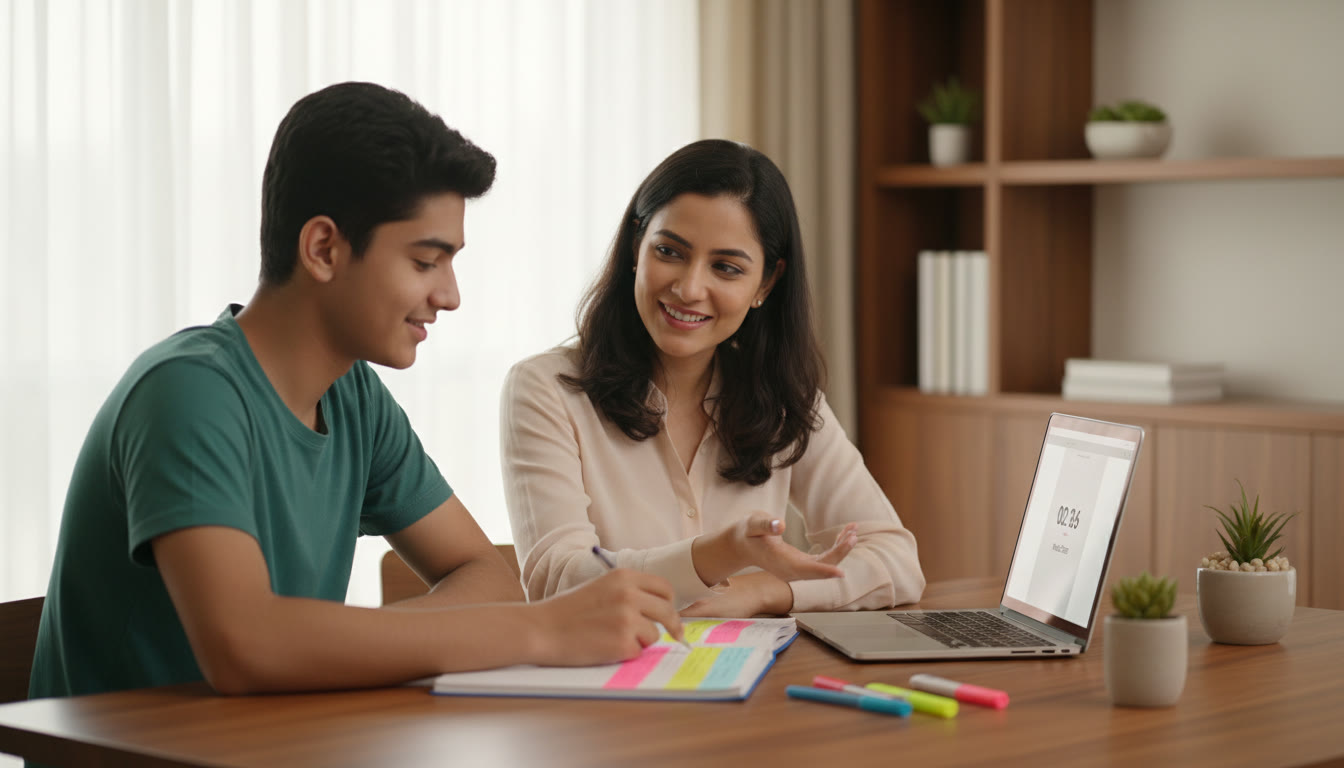Photo Idea : A student and a tutor at a desk, with a notebook, laptop showing a mock-test timer, and neatly highlighted notes.