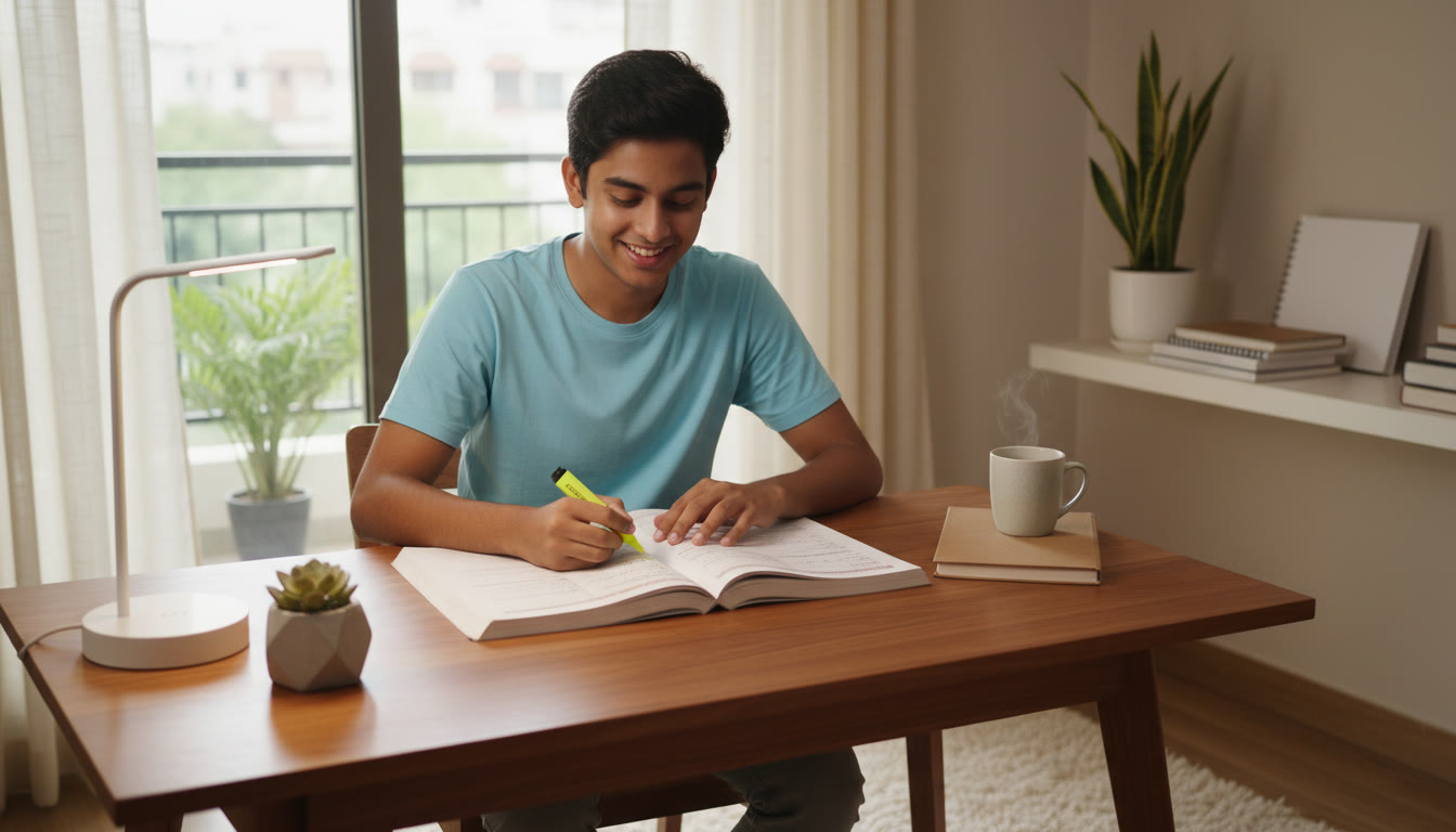 Photo Idea : A student highlighting a page in an NCERT Chemistry textbook at a tidy study desk