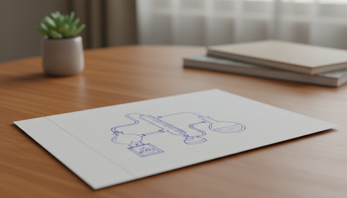 Photo Idea : a close-up of a neatly drawn labeled chemical apparatus diagram on an exam answer sheet