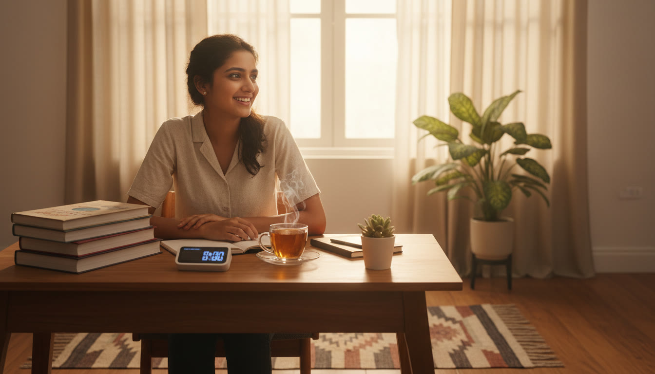 Photo Idea : student at a tidy desk with NEET books, a timer, and a cup of tea