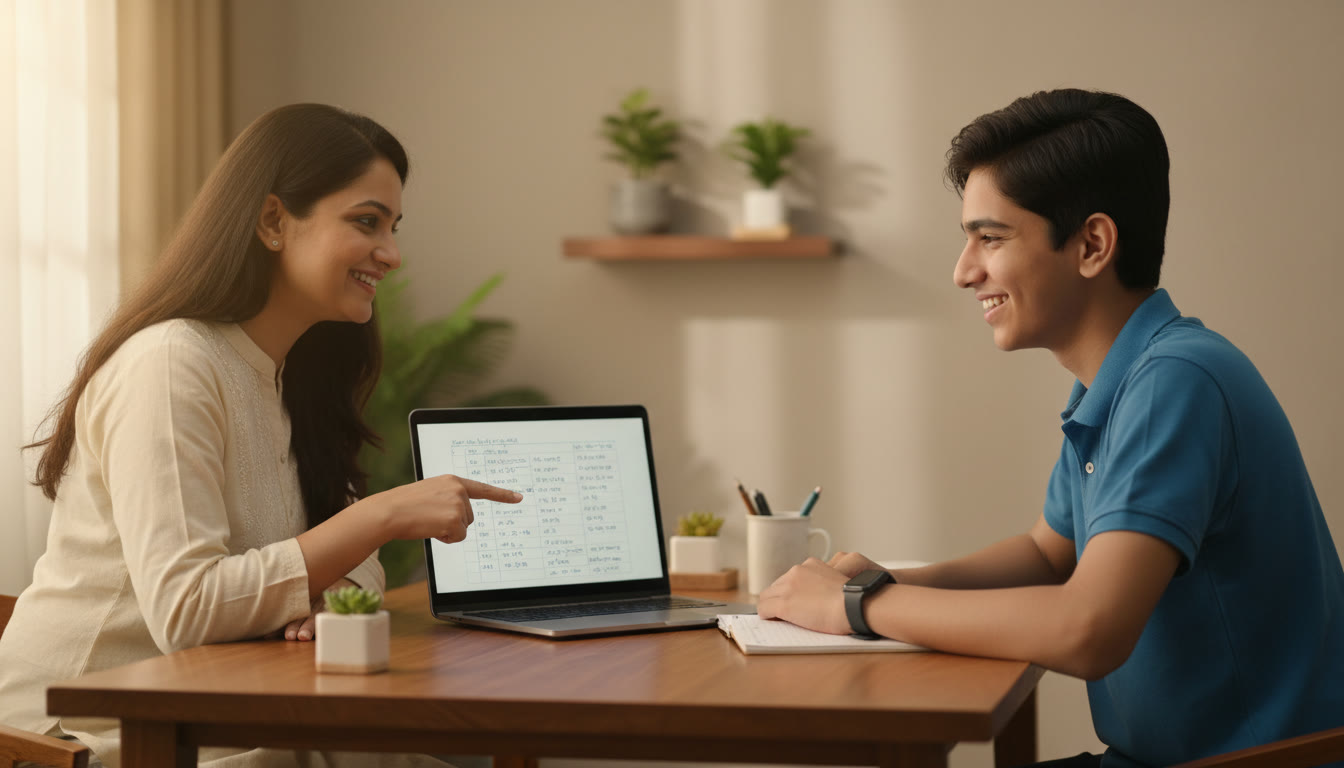 Photo Idea : A tutor pointing at a student’s answer sheet on a laptop during a one-on-one review