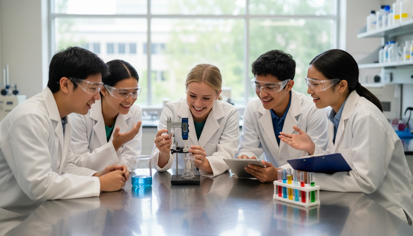 Photo Idea : students leaning over a lab bench, taking careful measurements and discussing data