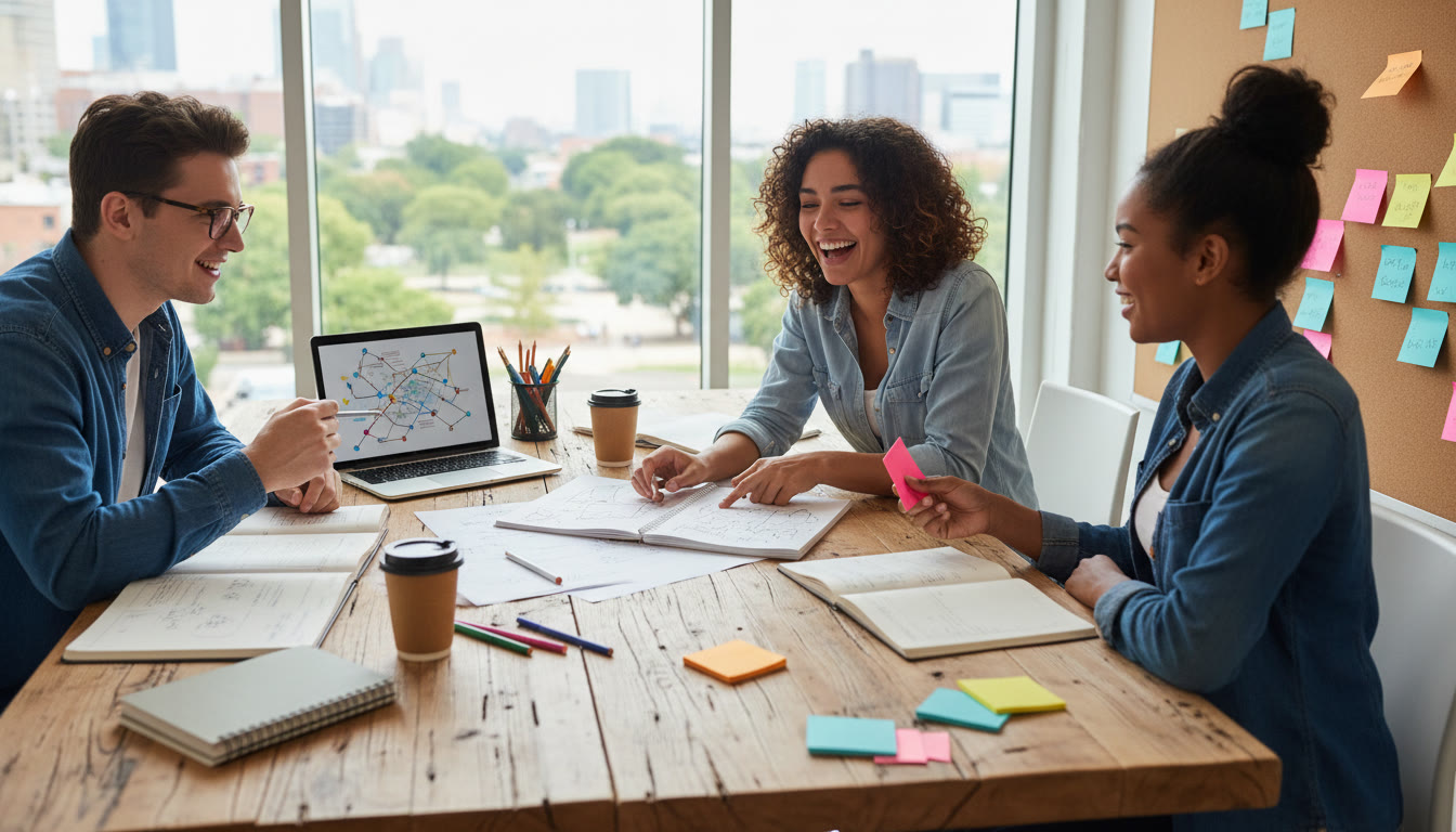 Photo Idea : small student team planning a community project around a table with notebooks, colorful sticky notes, and a laptop
