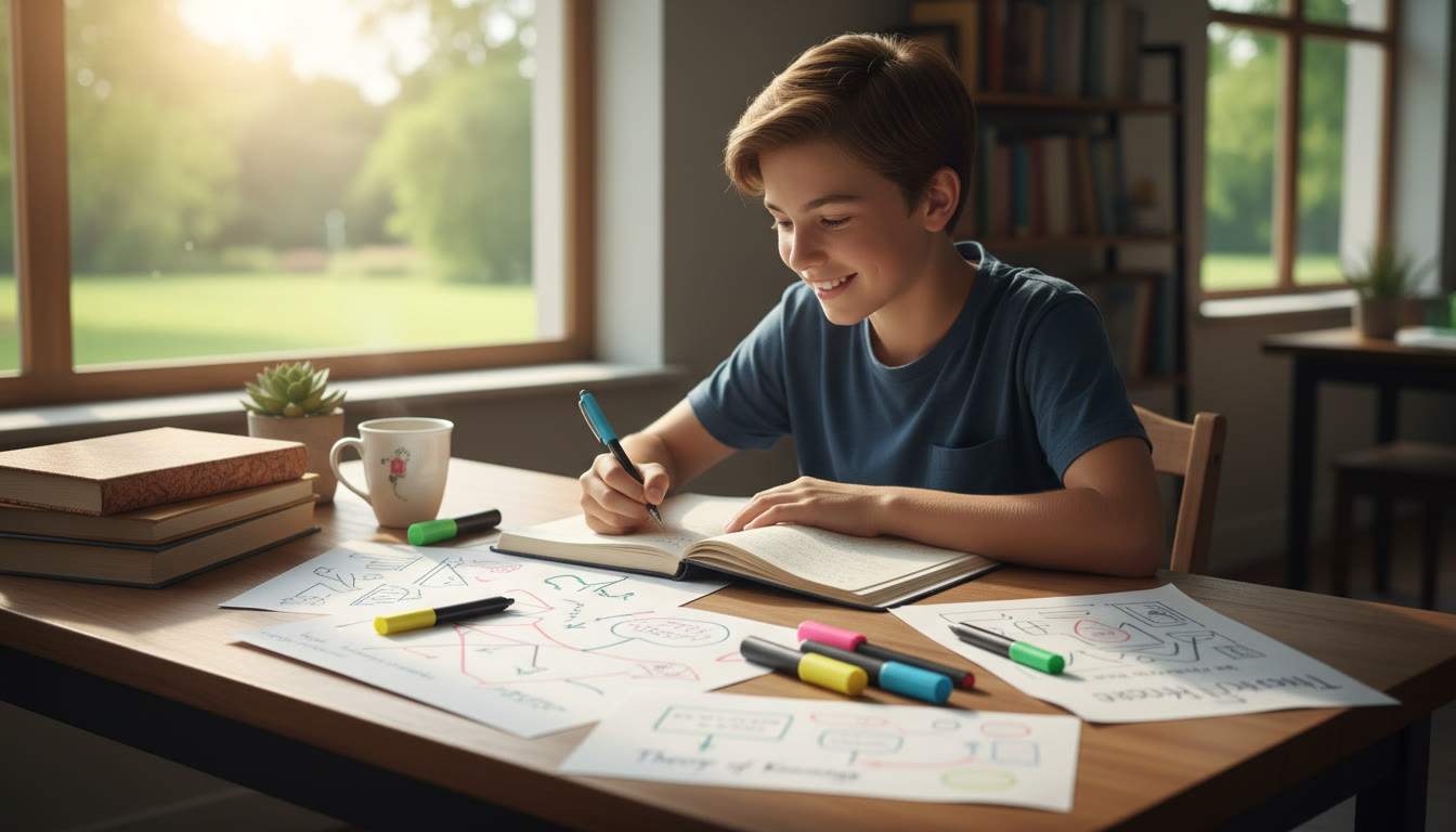 Photo Idea : Student writing at a desk with TOK notes and highlighters spread out