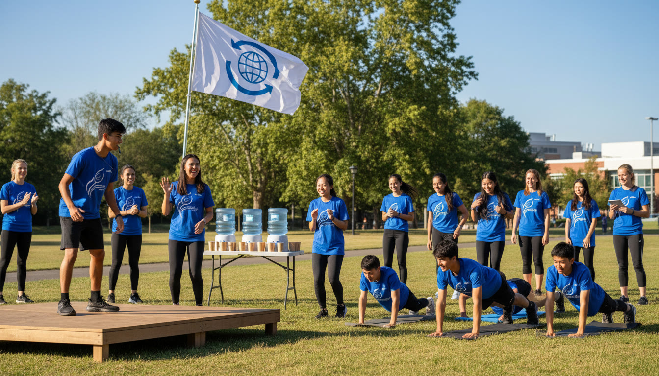 Photo Idea : Students leading an outdoor fitness session with clear signage, water stations, and adult supervision visible