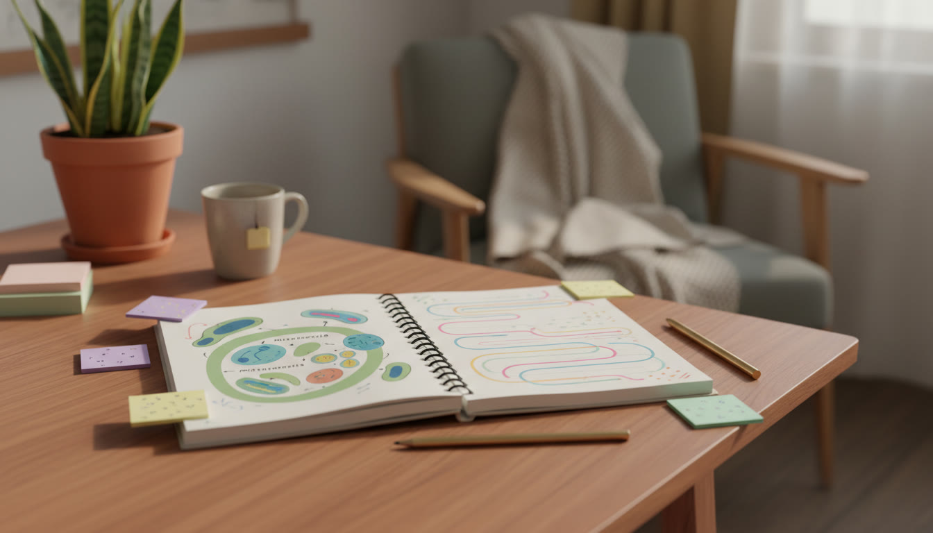 Photo Idea : An open notebook with neat biology diagrams, colorful notes, and sticky flashcards