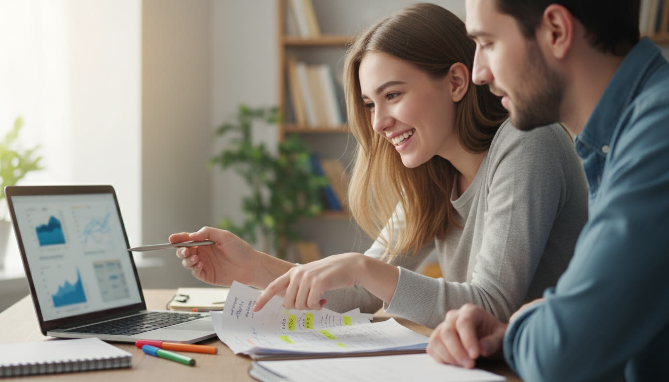Photo Idea : close-up of a student and tutor discussing notes with a laptop and printed draft pages