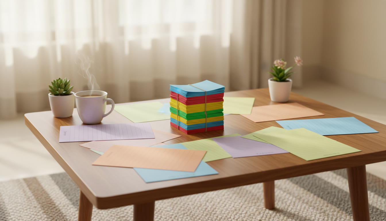 Photo Idea : a stack of color-coded flashcards and one-page formula sheets spread on a table