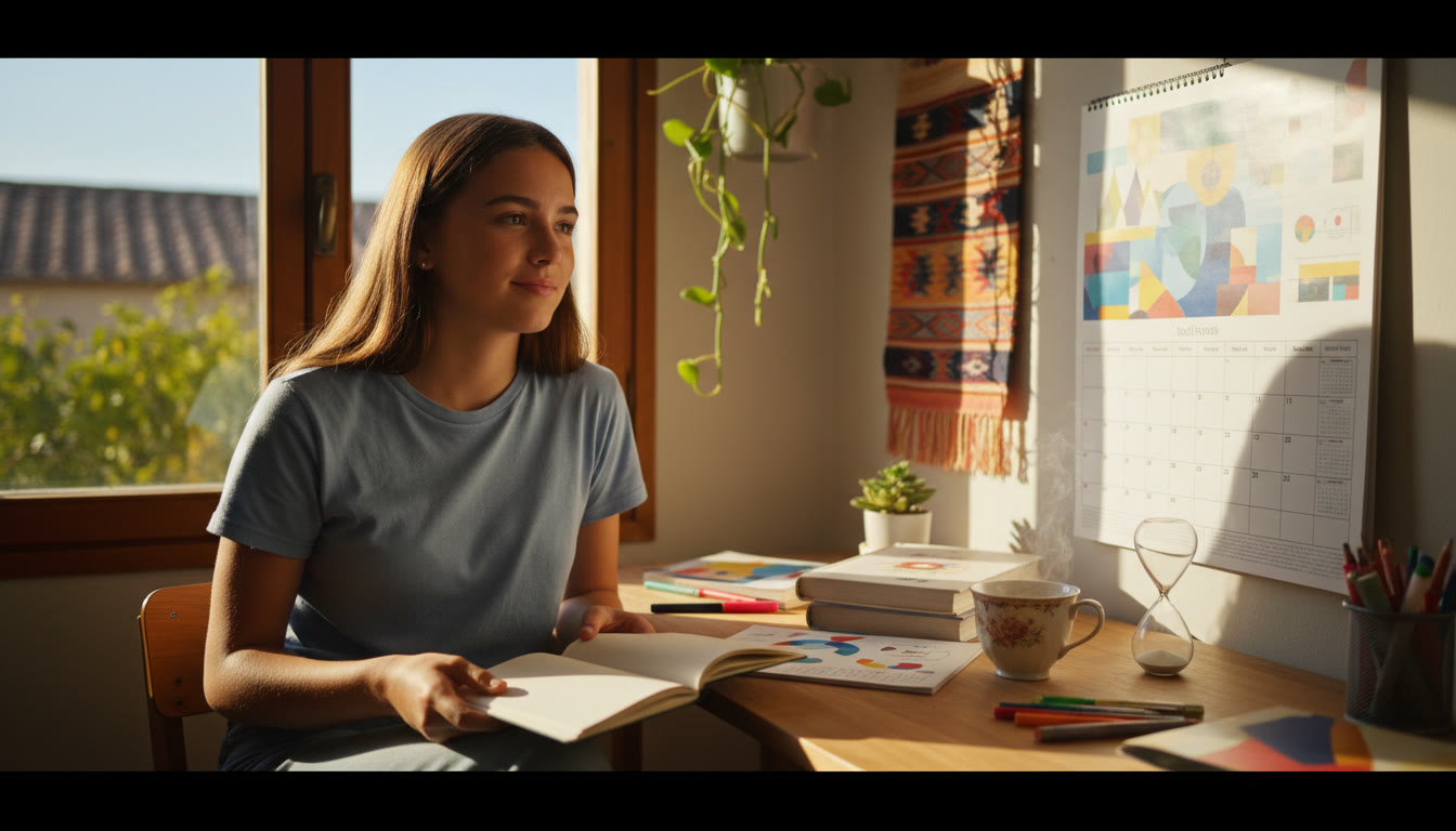 Photo Idea : Student sitting at a sunny desk with a notebook, calendar, and cup of tea, looking reflective