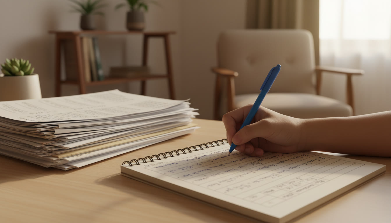 Photo Idea : Close-up of a student’s hand writing an error-log in a notebook with a stack of solved question papers nearby.
