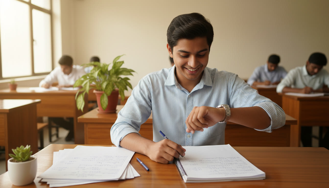 Photo Idea : A student in an exam hall glancing at a watch with a neat rough sheet nearby