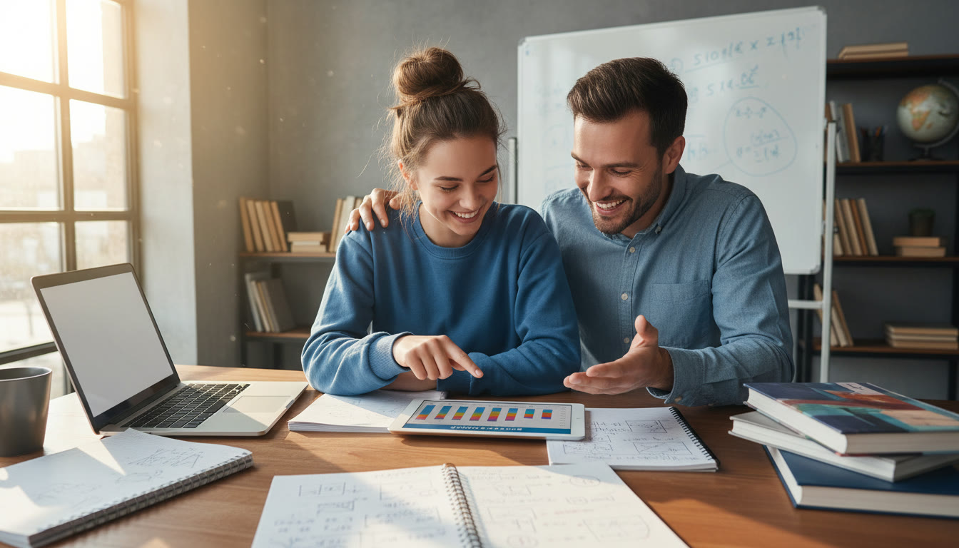 Photo Idea : Student and teacher reviewing a grade report at a desk with notebooks and a laptop