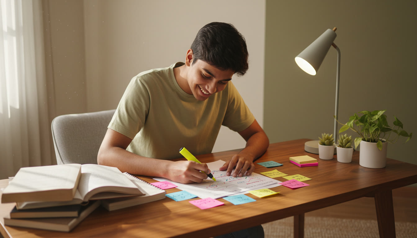 Photo Idea : A focused student sitting at a desk analyzing a marked NEET mock test paper with highlighters and sticky notes
