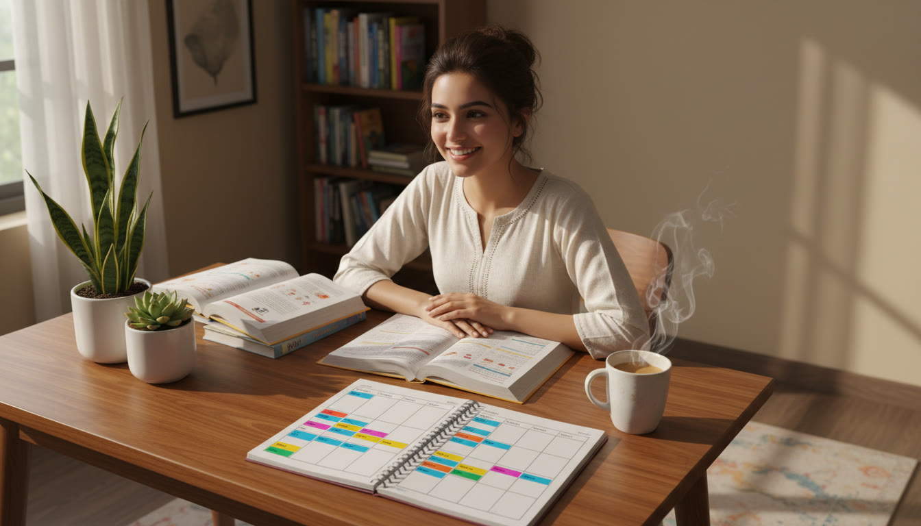 Photo Idea : student at a desk with open textbooks, a planner showing a weekly timetable, and a cup of tea.
