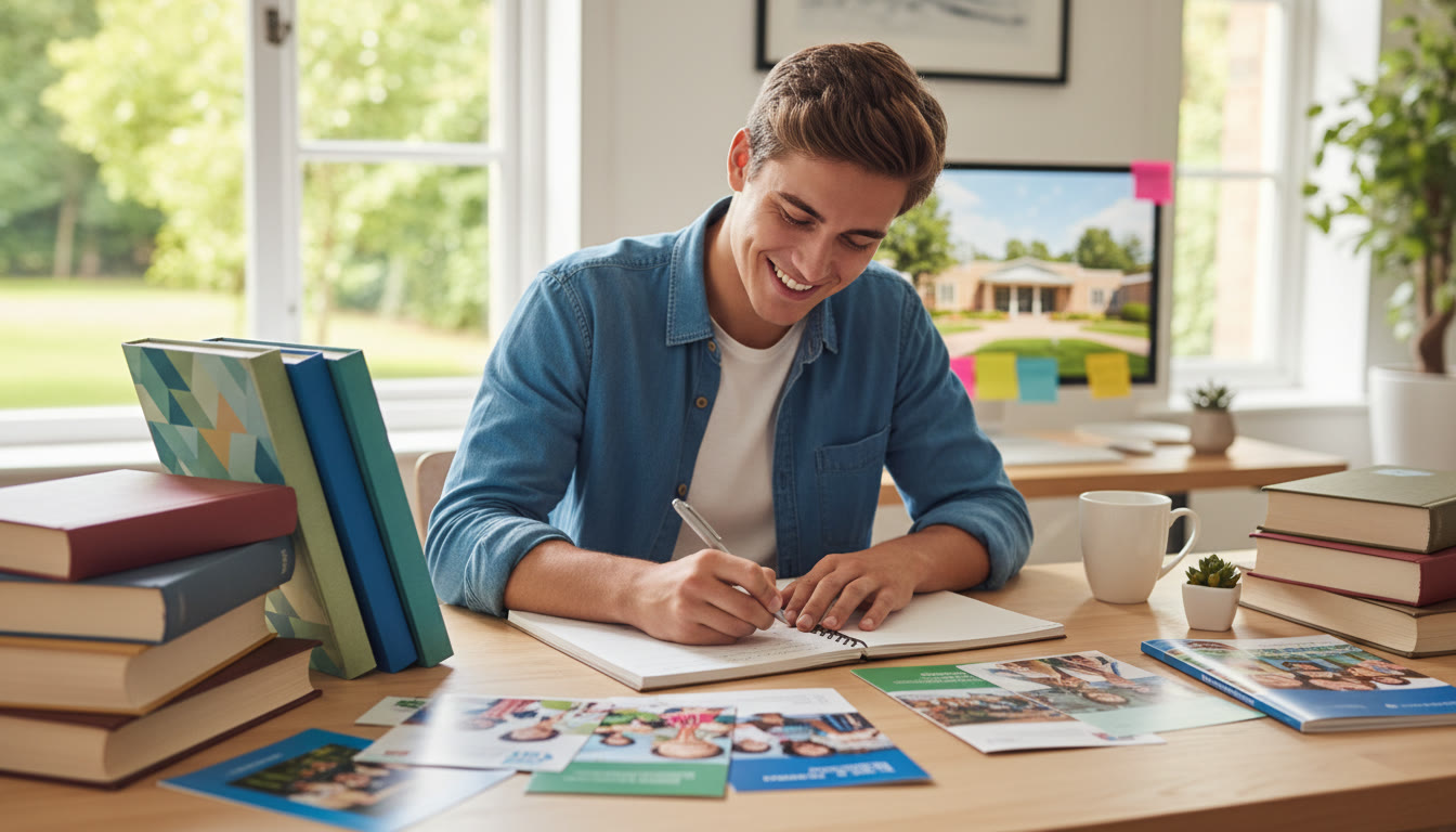 Photo Idea : A student at a desk writing in a notebook, surrounded by IB textbooks and university brochures