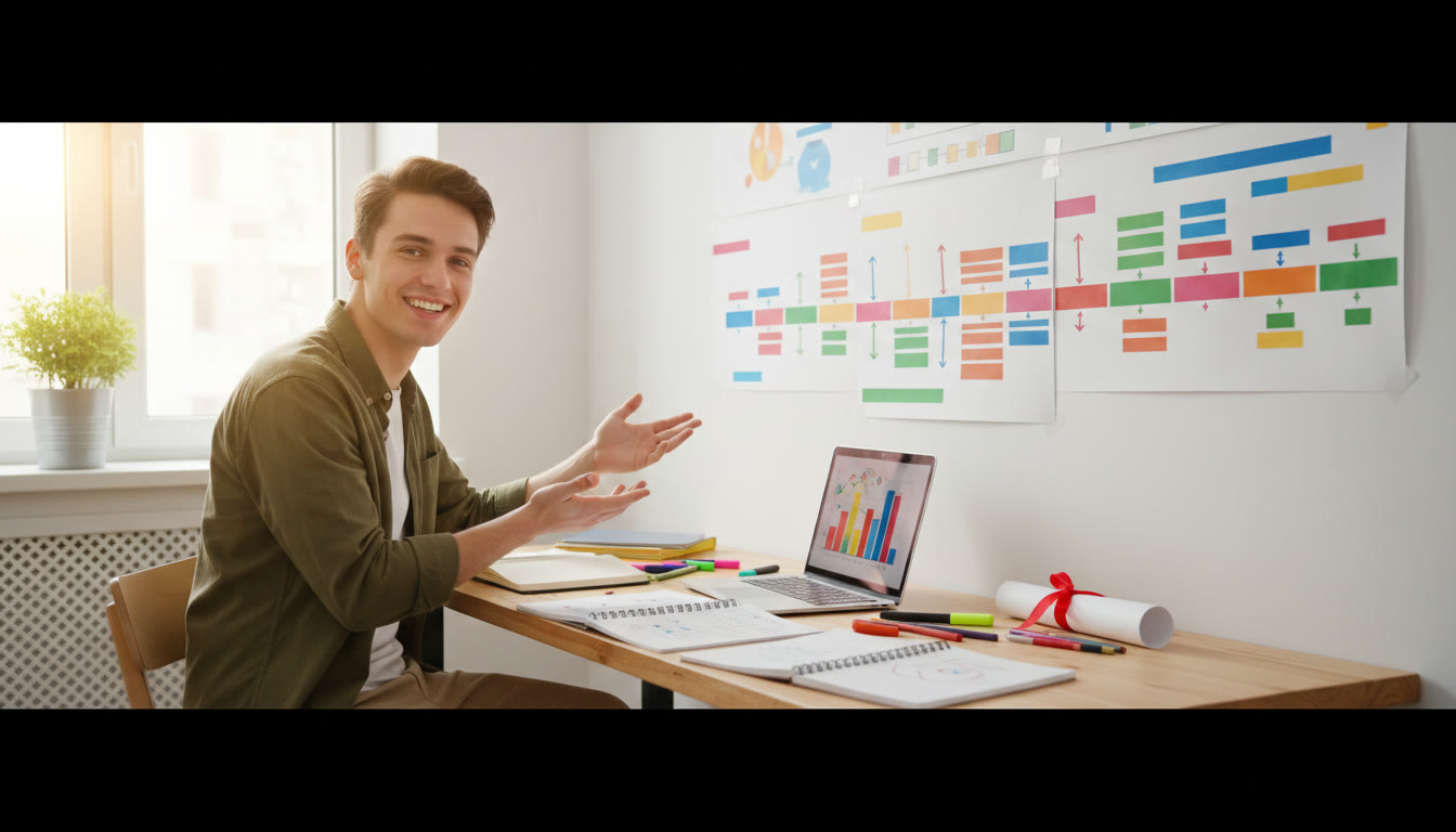 Photo Idea : Student at a desk with notebooks, IB diploma and laptop, planning with a large timeline on the wall