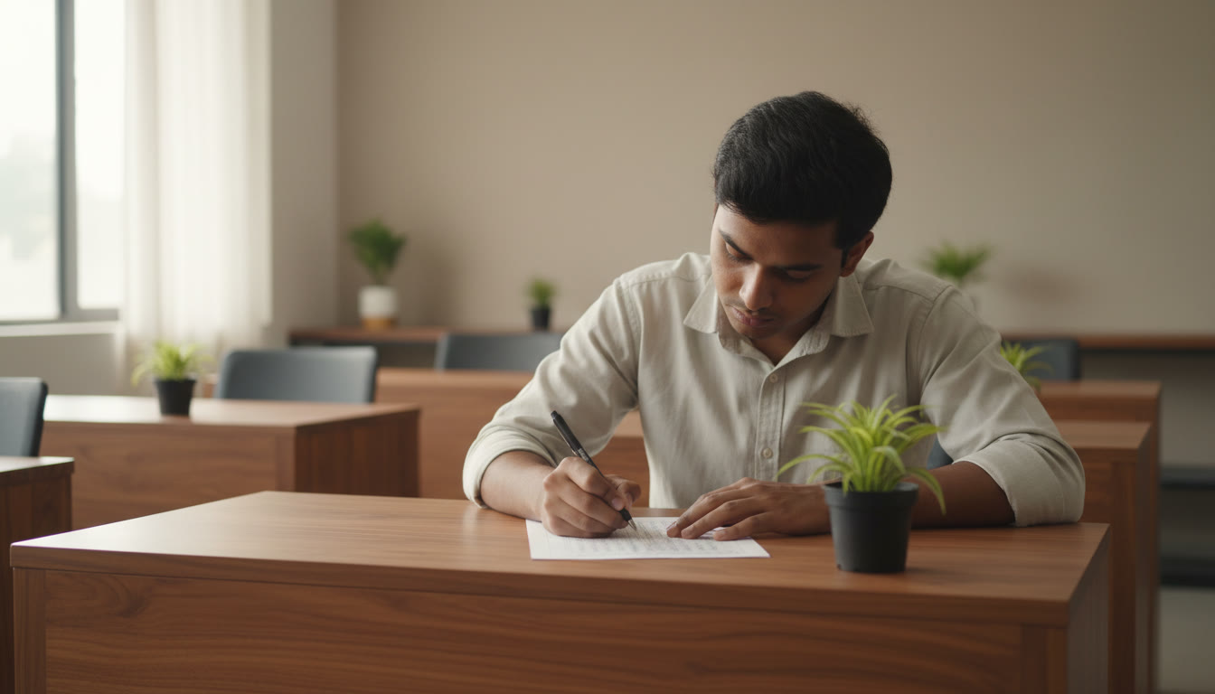 Photo Idea : student filling an OMR sheet in a quiet exam hall with focus