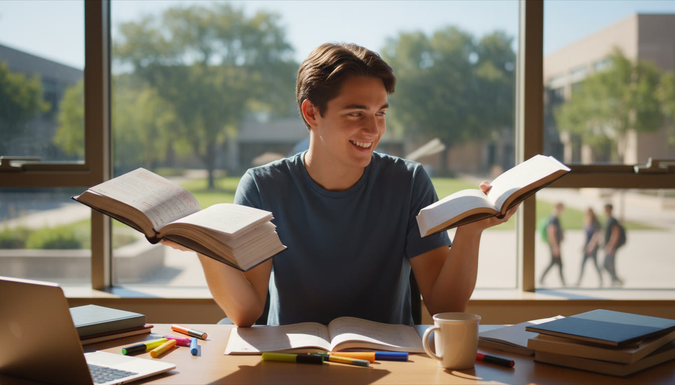 Photo Idea : Student at a study desk holding two notebooks labeled 