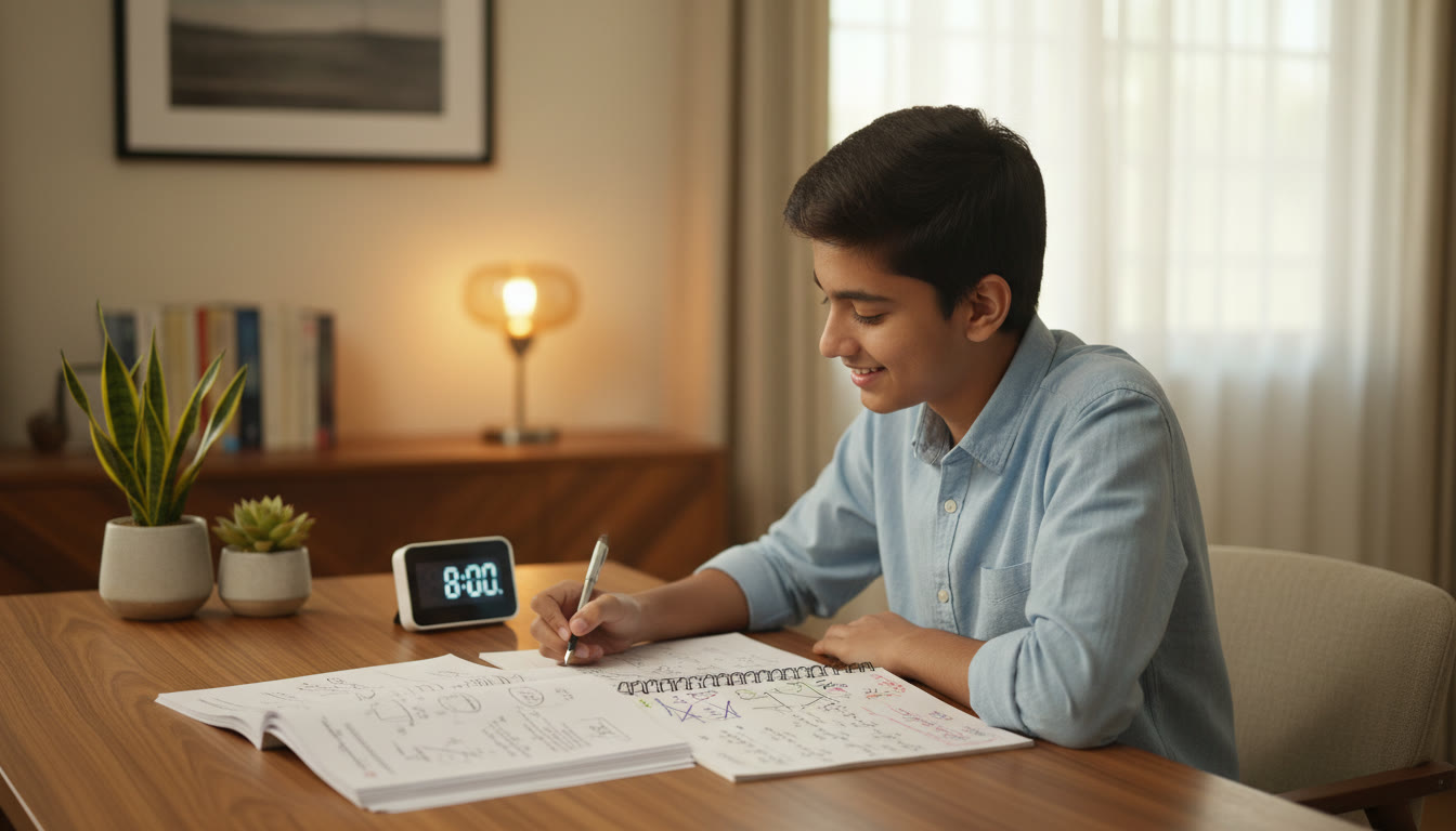 Photo Idea : A focused student at a desk with opened question papers, a timer, and a notebook with annotated formulas.