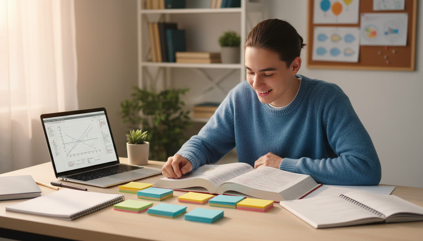 Photo Idea : A focused student studying at a tidy desk with IB notes, color-coded index cards, and a laptop