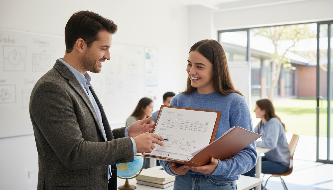 Photo Idea : Student meeting a teacher with a portfolio of mock results and IA drafts