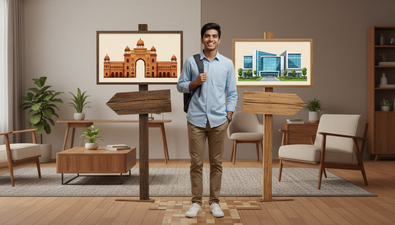 Photo Idea : A student standing at a symbolic crossroad, one sign pointing toward a classic Indian campus gate and the other toward a modern international university building.