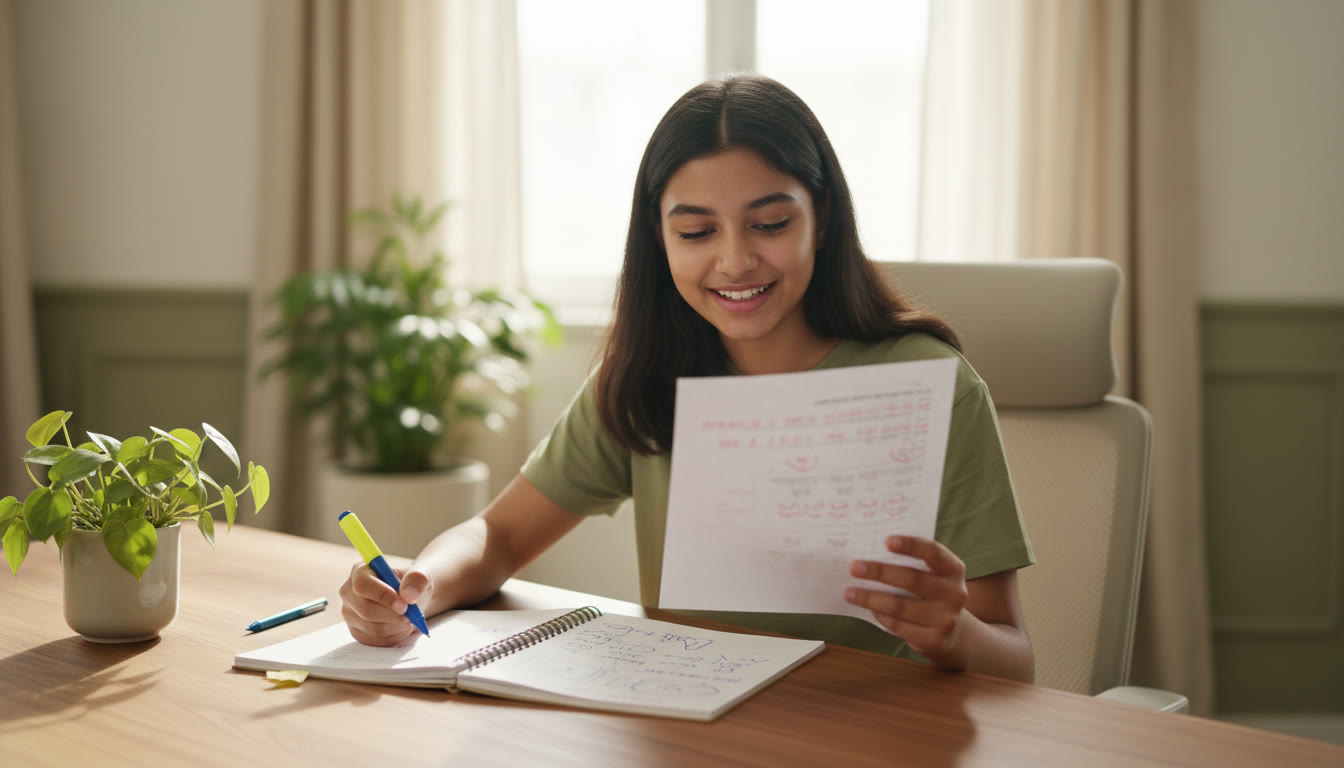 Photo Idea : student reviewing a marked mock test with a notebook open, highlighting errors and writing corrective notes