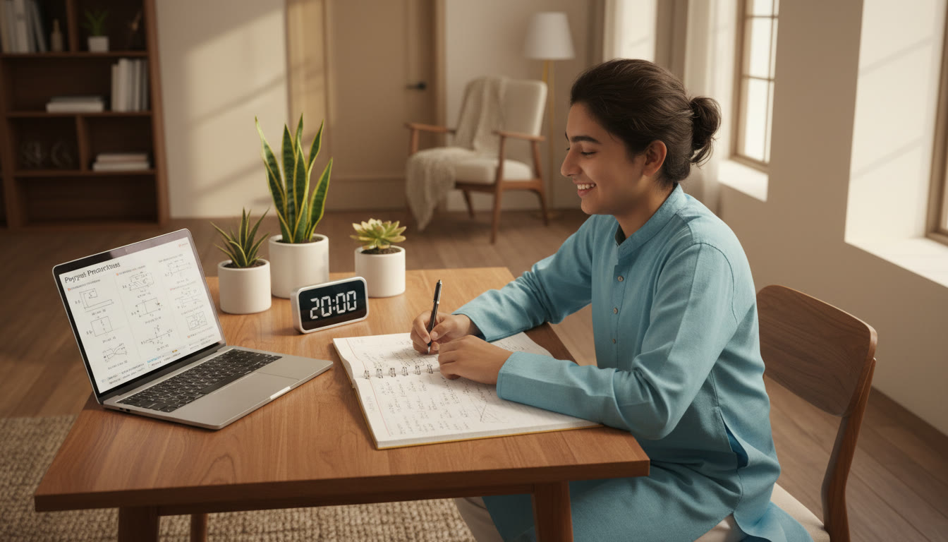 Photo Idea : A focused student at a tidy desk with a timer, open notebook, and a laptop showing practice problems.
