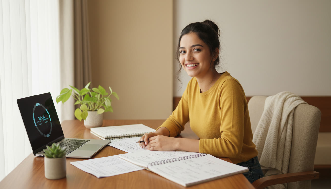 Photo Idea : Student at a tidy desk with open notebooks, question paper and a laptop showing a countdown timer