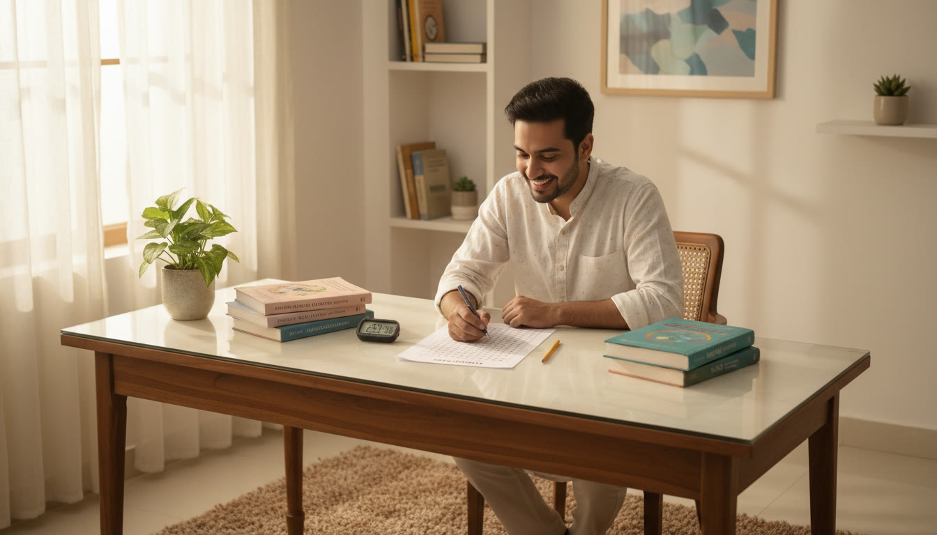 Photo Idea : Student at a tidy desk with NEET textbooks, a mock OMR sheet, and a timer set to three hours