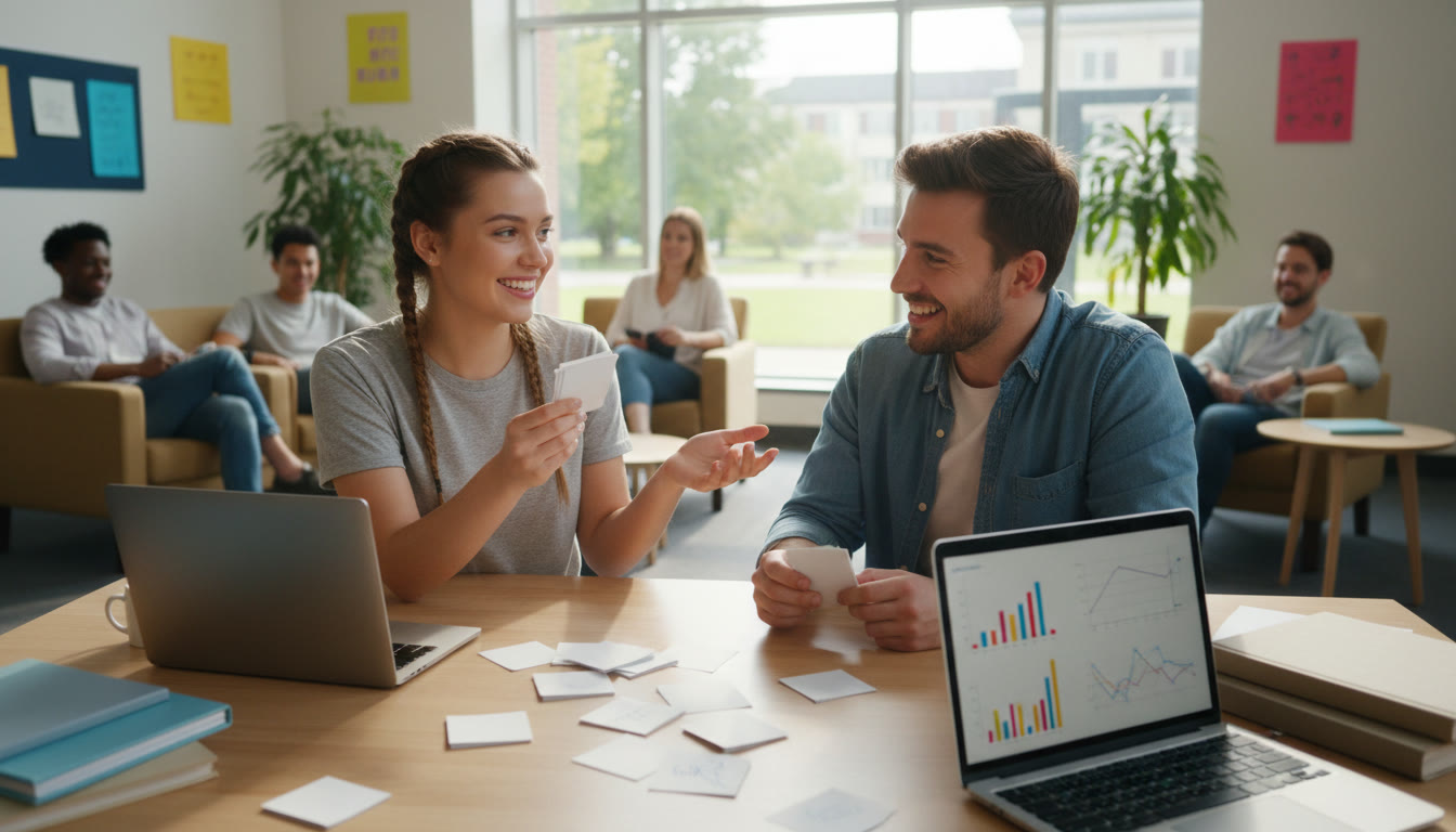 Photo Idea : two students practicing an interview in a school common room with note cards on the table