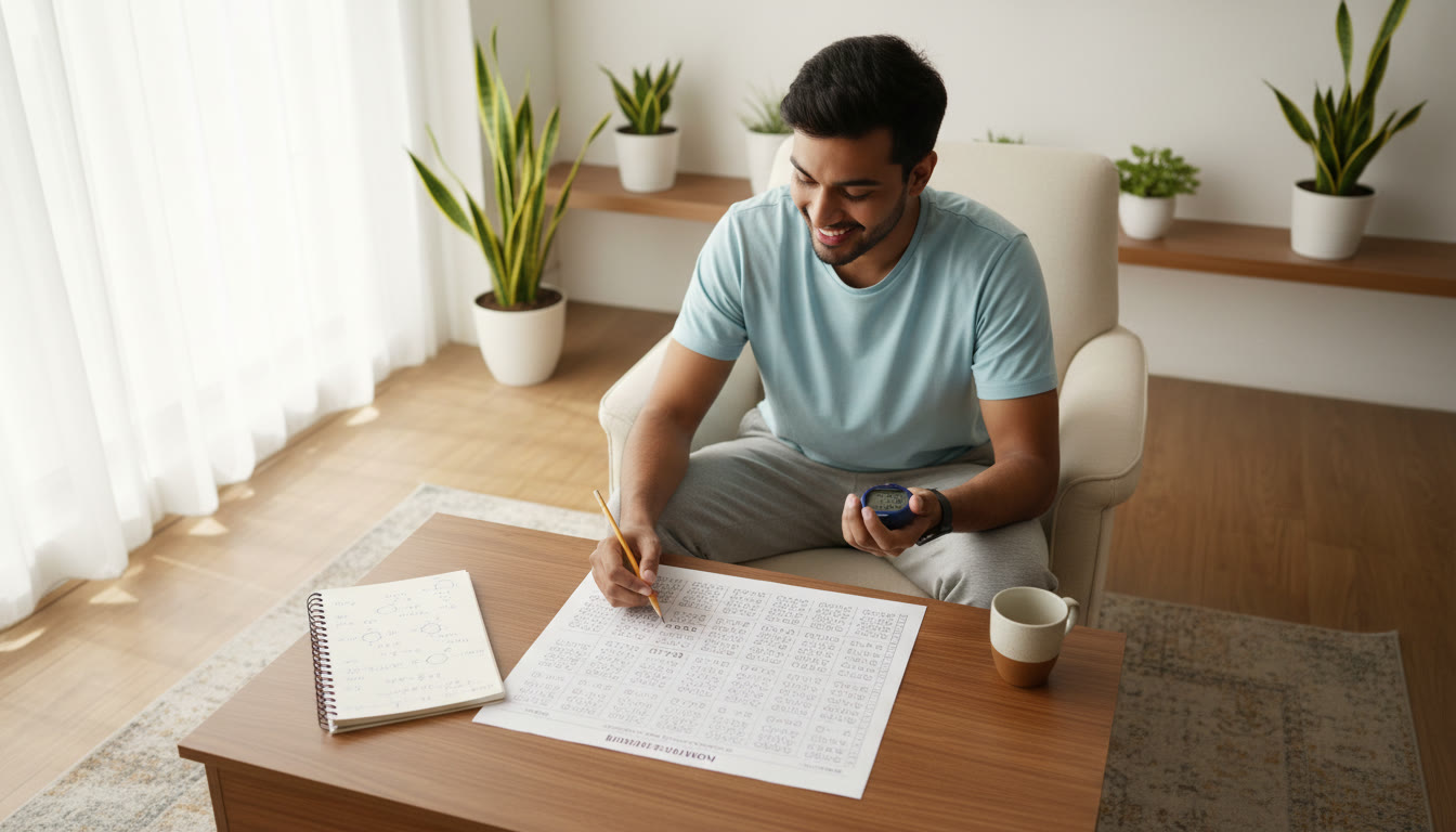 Photo Idea : Student timing a full-length mock while filling an OMR sheet and consulting a small formula notebook