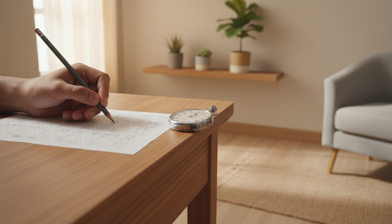 Photo Idea : Close-up of a hand filling an OMR sheet with a pencil and a stopwatch nearby
