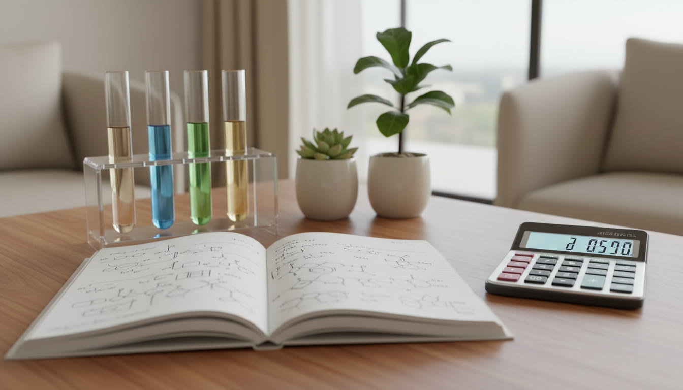 Photo Idea : Close-up of a student’s lab notebook beside a test tube rack and a calculator, showing neat handwriting and annotated observations.