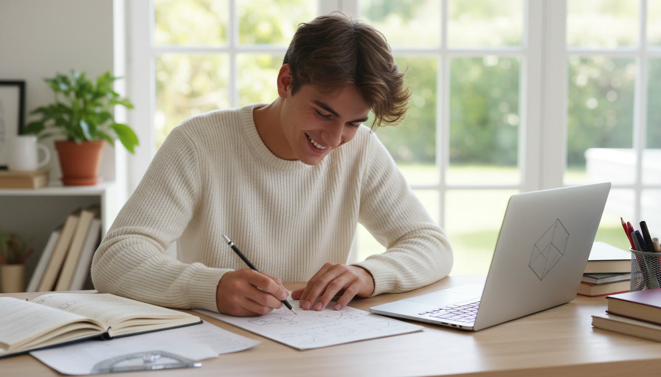 Photo Idea : A focused student at a tidy desk, solving geometry problems on paper with a laptop and notes nearby
