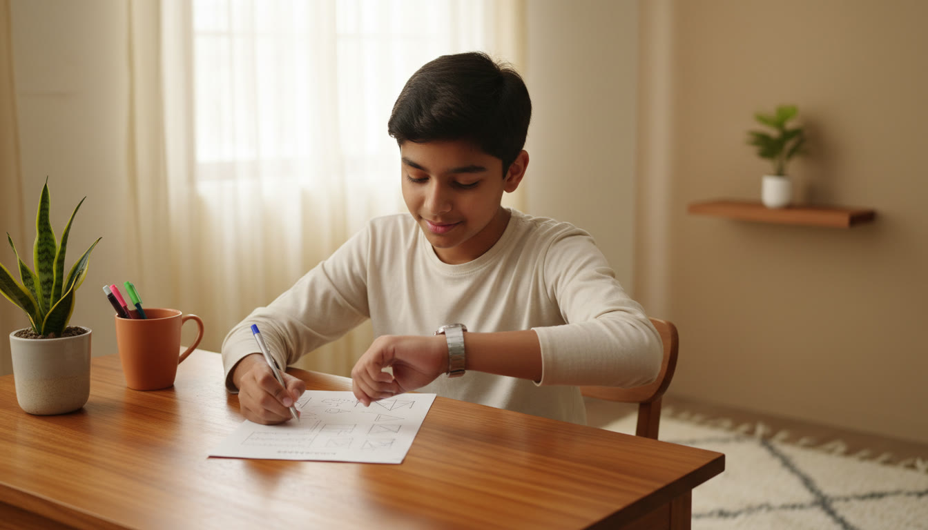 Photo Idea : Student checking a wristwatch while solving a test paper at a desk