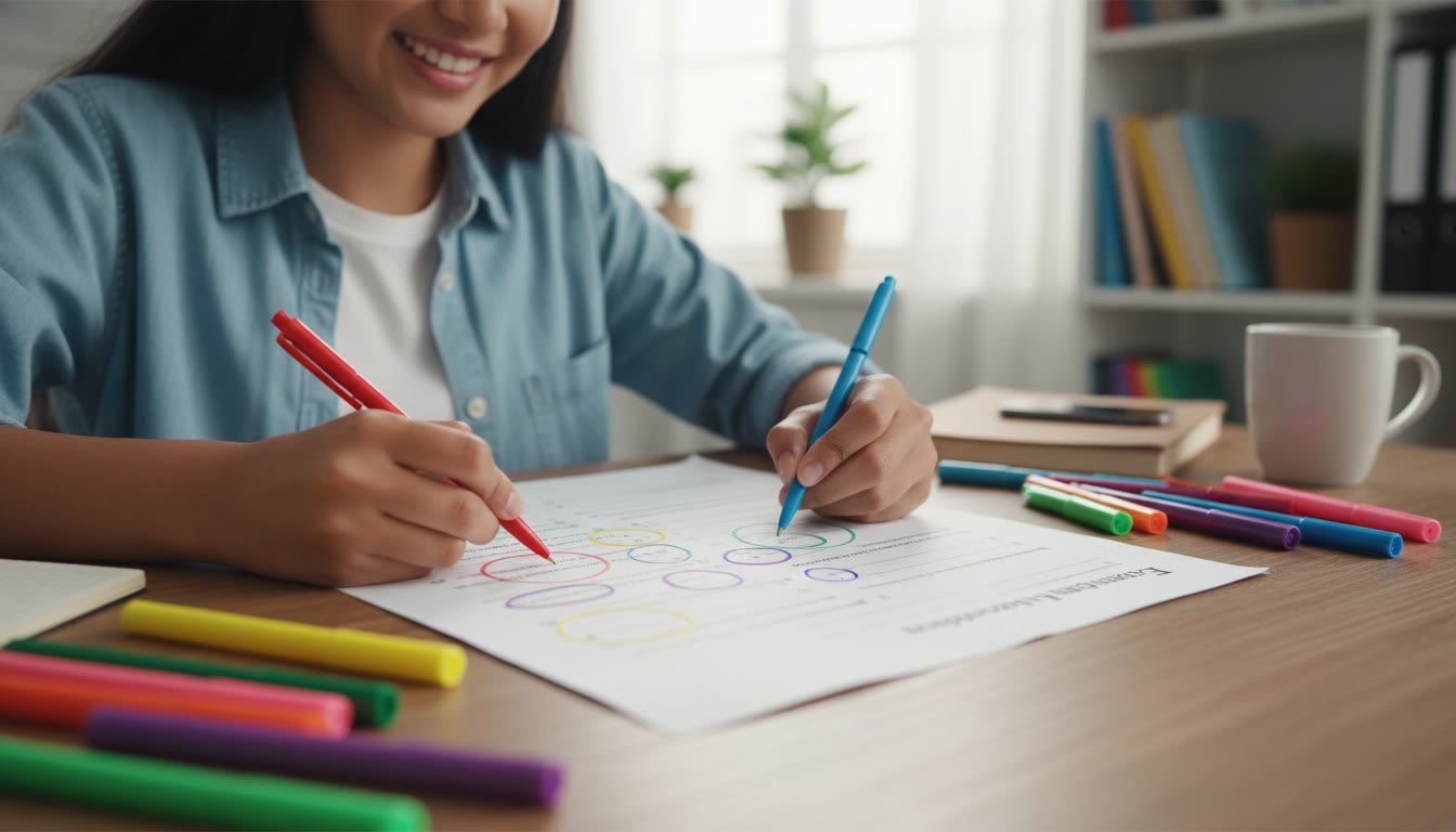 Photo Idea : student circling command words on a printed exam question with colored pens