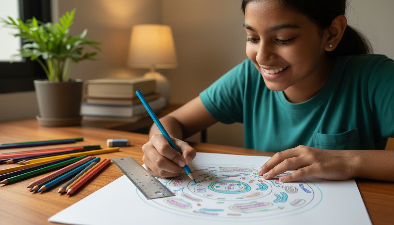 Photo Idea : Close-up of a student drawing a labelled scientific diagram with a ruler and colored pencils