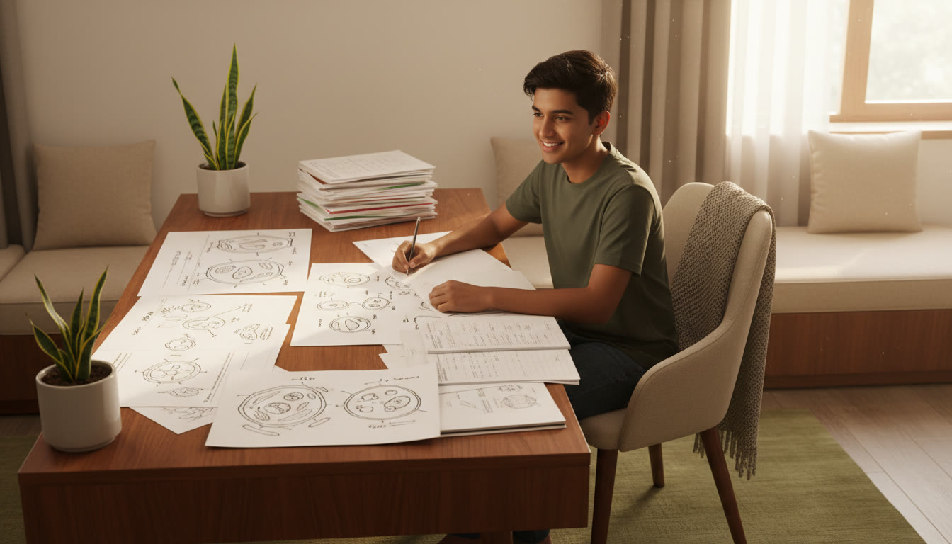 Photo Idea : A determined student at a study desk surrounded by biology diagrams and practice papers