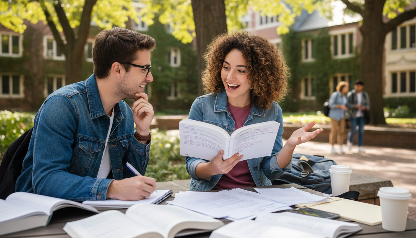 Photo Idea : Two students discussing annotated passages out loud, one with a notebook jotting quick notes